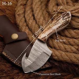 Cuchillo de caza y camping hecho a mano DIY OEM de acero de Damasco con hoja fija de filo recto y espiga recta, mango de cuerno de ciervo y cuero personalizado - Product Image 4