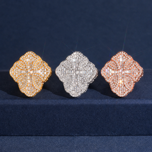 Mens Moissanite 925 <b>Silver</b> Clover Ring Baguette Cut Stones Three Tone Gold <b>Silver</b> Rose Gold Iced Out Luxury Statement <b>Jewellery</b> - Product Image 5