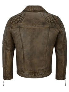 เสื้อแจ็คเก็ตหนังสีน้ำตาลสไตล์ไบค์เกอร์สำหรับผู้ชายแบบดิสเทรส - Product Image 2