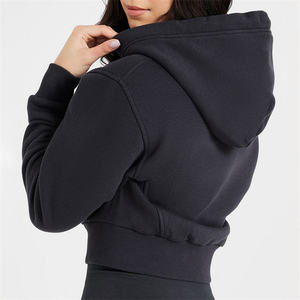Sweat-shirt court à capuche zippé noir pour femme, manches longues, tricoté, respirant, pour l'automne, couleur unie - Product Image 5
