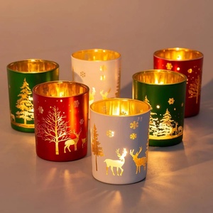 Metal & Glass Christmas Votive Holders <b>Set</b> Of 3 Festive Reindeer Tree Design In Red Green & White <b>Colour</b> For Decor And Gifting - Product Image 6