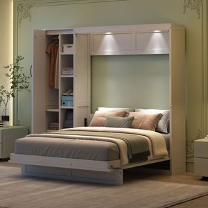 Letto Murphy a grandezza naturale bianco con mensole e armadio luci LED Design del letto a parete - Product Image 3