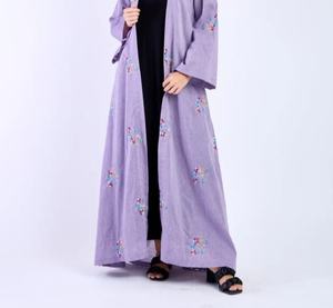 Al por mayor, nuevo estilo, túnica Abaya modesta, ropa islámica, vestido largo musulmán para mujer con abertura frontal, poliéster, cuello en V floral, manga larga - Product Image 5