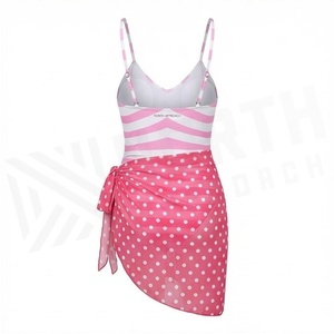 Traje de baño a rayas rosas con falda cruzada de lunares, escote halter cruzado, ropa de playa para mujer, diseño asimétrico de una pieza - Product Image 5