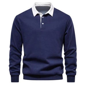 Mens Short Sleeve Knitted for Shirt Solid <b>Navy</b> Blue Contrast Collar Button Front Anti-Wrinkle Cotton Golf Style Smart Casual - Product Image 1