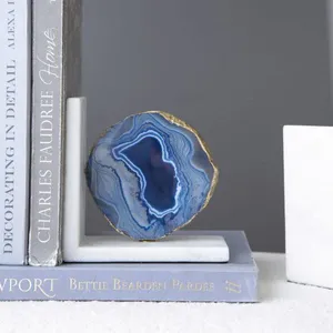 Luxury Natural Blue Agate Marble Bookends Gold Edged Crystal Stone Geode <b>Book</b> Ends Holder for Home Office <b>Study</b> Decor - Product Image 4