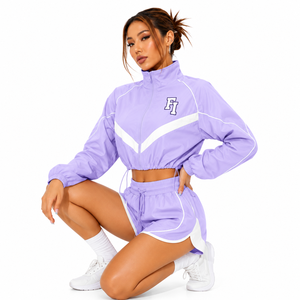 Wholesale Custom Logo Sweatsuits Color Block Windbreaker 2 Piece Outfits Long Sleeves Zip Jacket Mini Shorts Sets men's jackets - Product Image 1