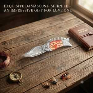 Handmade <b>Copper</b> Damascus Steel Hunting/Fishing/Camping Multi-Functional Folding Pocket Knife Steel Engraved Orange Yellow Resin - Product Image 2