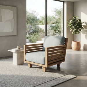 Sofá individual minimalista de madera de teca maciza de primera calidad, sillón individual para sala de estar con cojín gris azul claro. - Product Image 4