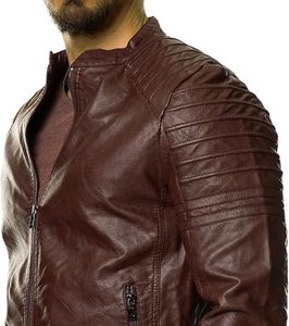 <b>Men's</b> Brown Real <b>Leather</b> Moto <b>Jacket</b> Stand Collar Zipper Closure Slim Fit Custom Biker <b>Jacket</b> - Product Image 1