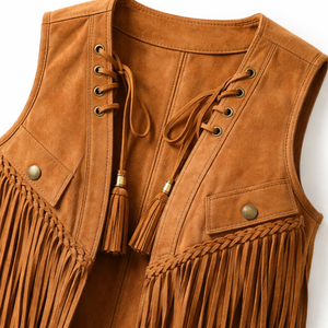 Cape en daim à franges personnalisée en gros |   Fabricant OEM et fournisseur de commandes en gros pour les gilets pour femmes - Product Image 4