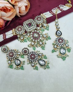 Elegant Kundan Pearl Strand Choker <b>Necklace</b> Set With Earrings And Mangtika Traditional Ethnic Festive Wear Jewellery Collections - Product Image 4