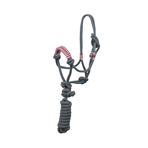 Dark Gray Nylon Braided Rope Horse Halter with Maroon & Cream Beaded Noseband Adjustable <b>Training</b> Halter <b>Lead</b> Rope OEM Bulk - Product Image 1