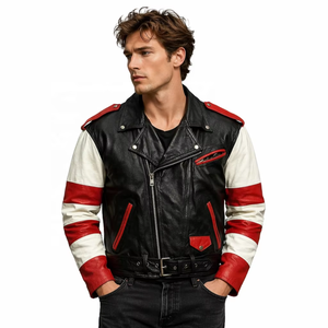Chaqueta de Cuero Tipo Bomber para Hombre, Diseño Vintage con Apliques Bordados de la Bandera de California, Cuello Alto y Logotipo Frontal, Fabricación OEM para Motociclistas - Product Image 3