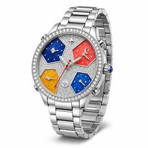 Montre de luxe unisexe avec bracelet en acier inoxydable serti de diamants, cadran analogique, verre saphir, boîtier rond de 44 mm, fermoir déployant - Product Image 3