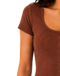 Top corto de punto acanalado marrón para mujer, manga corta, con botones al frente, corte ajustado, cuello cuadrado, informal, de verano, camiseta de algodón, blusa para damas - Product Image 3