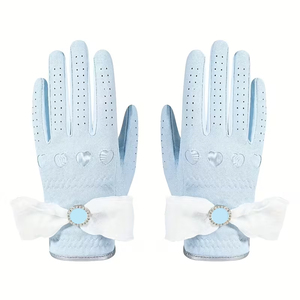 <b>Light</b> Blue PU Leather Golf Gloves With White And Heart Embossing For Women Breathable Design - Product Image 1