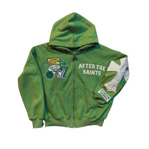 Sudadera con capucha de forro polar grueso verde con cremallera completa, estilo urbano, gráfico, holgada, oversize, con detalle en las mangas - Product Image 1