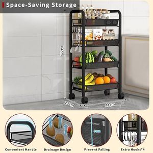Four Tier Metal <b>Storage</b> <b>Cart</b> With Wheels For Kitchen Organization 50x40x30cm Minimalist Design Standing Type - Product Image 2
