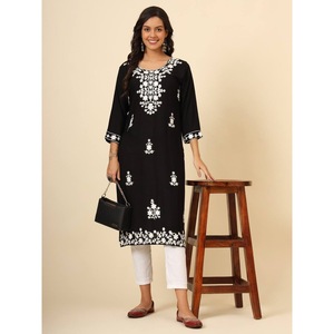 DISEÑADOR LIVA RAYON LUCKNOWI CHICKENKARI TRABAJA SOLO KURTI NEGRO - Product Image 1