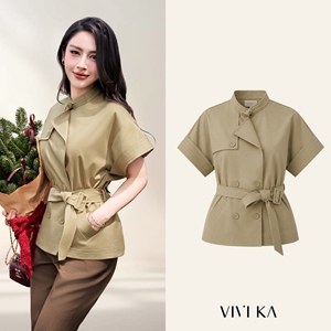 เสื้อโค้ทเทรนช์ผ้าฝ้ายทวิลสีกากีสำหรับผู้หญิง พร้อมเข็มขัดถอดได้ คอสูง แขนสั้น สไตล์ลำลอง สำหรับฤดูใบไม้ร่วงและฤดูหนาว รุ่น ETHAN - Product Image 1