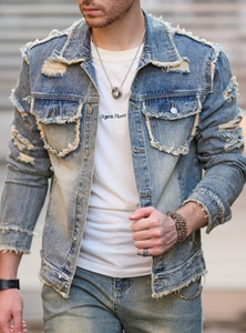 Hardihood International Veste en jean déchirée pour homme, bleu, effet délavé, patchwork, style streetwear décontracté, fermeture boutonnée, coupe classique - Product Image 4