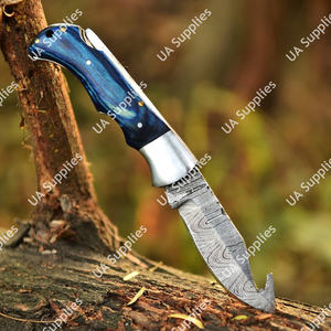 OFERTA ESPECIAL Cuchillo de bolsillo plegable hecho a mano de acero de Damasco con gancho para tripas y punta caída, mango de madera Pakka, ODM OEM, para camping y caza al aire libre de alta calidad - Product Image 5