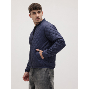 Men's Navy Blue Quilted <b>Jacket</b> Stand Collar Regular Fit Casual Polyester Wadding Autumn Wear - Product Image 1