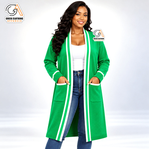 Alpha Kapa | Women's Green <b>Long</b> <b>Cardigan</b> Plus Size Full Sleeve Casual Solid Color Pocket Design Autumn Wear - Product Image 1