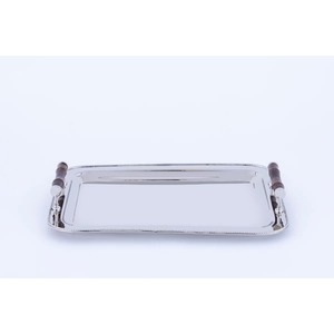 Rectangular Polished Metal Storage <b>Tray</b> With Wooden Handles Classic Design For Table Use - Product Image 1