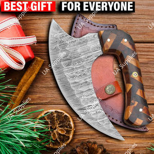 Cuchillo de Chef Ulu Moderno de Acero de Damasco, Ambidiestro, Mango de Madera y Hueso, Longitud de Hoja Personalizable (4-5.9in), Extra Afilado, con Funda de Cuero - Product Image 2