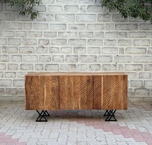 Buffet vintage en bois indien recyclé à trois portes, meuble TV avec pieds en métal, meuble de rangement rustique - Product Image 1