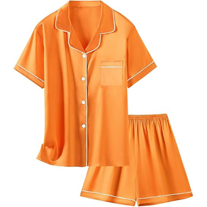Conjunto de pijama de satén naranja de manga corta para mujer con botones al frente y ribete blanco, ropa de dormir clásica para el verano - Product Image 3