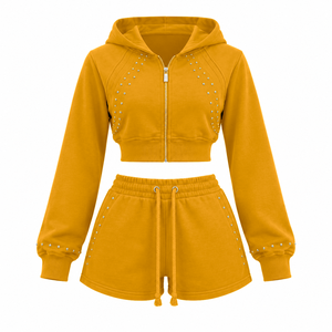 Custom Cotton Co Ord With Cropped Zip Up Hoodie High Waist Shorts and <b>Silver</b> Rhinestone Detail for Fashion Retailers - Product Image 3