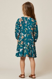 Eye Catching Boho Pine Green Color Floral Smock Dress With Tiered Ruffle Skirt & <b>Balloon</b> Sleeves Perfect Dress For Any Occasion - Product Image 3