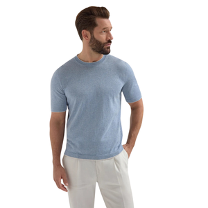 T-shirt en coton tricoté bleu clair à manches courtes pour homme, col rond, coupe classique, couleur unie, design respirant - Product Image 2