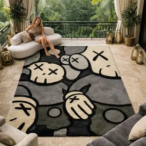 Tapis rectangulaire moderne et original, en peluche tuftée, avec dos antidérapant en caoutchouc, pour salon, motif gris, noir et blanc - Product Image 1