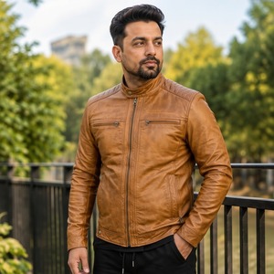 Anwar Enterprises <b>Men's</b> Genuine Leather <b>Jacket</b> | Winter Waterproof Windproof Breathable Zip-Up Stand Collar | <b>Sherpa</b> <b>Jacket</b> - Product Image 2