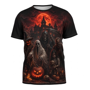 Custom Sublimation Printed Halloween <b>Skull</b> Ghost Pumpkin Gothic Short Sleeve Crew Neck Eco-Friendly Anti-Wrinkle T-<b>Shirt</b> - Product Image 1