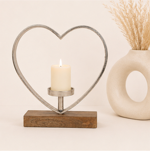 Luxury Silver Metal Heart Candle Holder With Rustic Solid Mango Wood Base Modern Romantic Pillar Tealight <b>Stand</b> For Wedding Use - Product Image 4