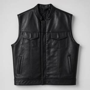 Men's <b>Black</b> genuine Leather Moto <b>Vest</b> Stand Collar Solid Color Regular Length Zipper Closure Outerwear - Product Image 5