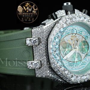Montre mécanique de luxe pour hommes, chronographe à cadran vert incrusté de diamants, boîtier en acier inoxydable, bracelet en caoutchouc, 42mm - Product Image 5