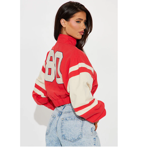 Red And <b>White</b> Varsity <b>Jacket</b> With Embroidered Logo Zipper Front Turn Down Collar Sporty Style <b>Short</b> Length Varsity <b>Jacket</b> - Product Image 5