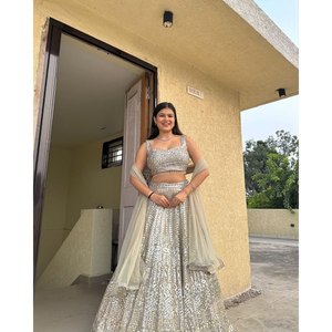 Most Trending Beautiful A-Line Lehenga Choli with Natural Waistline <b>Spaghetti</b> <b>Strap</b> Sleeves & Crop Top Elegant Embroidery - Product Image 5