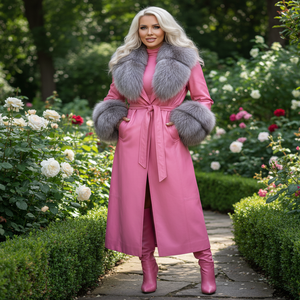 Abrigo Largo de Cuero de Pescado con Diseño de Cinturón, Forro de Seda y Piel de Zorro Gris, Venta al por Mayor, Personalizado para Mujer - Product Image 2