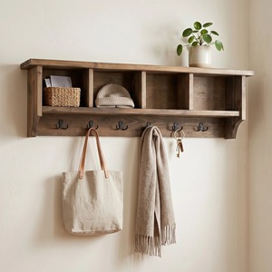 <b>Wood</b> Wall Mounted Coat Rack With 6 Hooks Rustic Style Multifunctional Storage Shelf For Keys Scarves Bags - Product Image 3