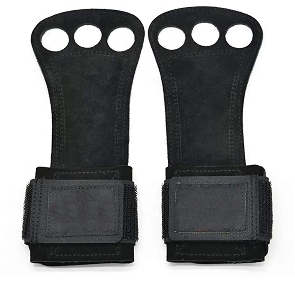 Gants d'haltérophilie personnalisés en cuir de vachette de couleur noire à 3 trous pour pull-up, poignées d'entraînement de fitness pour hommes et femmes