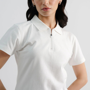 เสื้อเชิ้ตผู้หญิงแบบซิป OEM/ODM แห้งเร็ว ระบายอากาศดี ทรงปกติ ขายส่ง สีพื้น แขนสั้น สวมใส่สบาย รับผลิตตามแบบ - Product Image 4