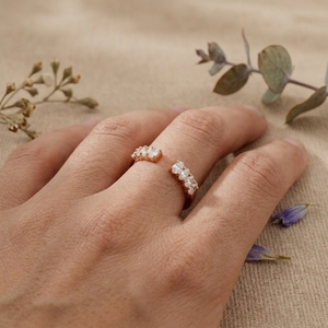 14K Rose Gold Oval Diamond <b>Open</b> <b>Ring</b> Adjustable Double Row Diamond <b>Ring</b> Women Fine Jewelry - Product Image 4