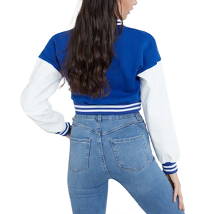 Hot Sale <b>Women</b> Varsity <b>Jacket</b> Deep Royal Sapphire <b>White</b> Initial Badges Snaps Ribbed Neck Crop <b>Jackets</b> - Product Image 2